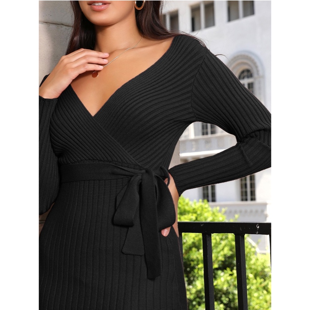 Black Knit Ruffle Hem V-Neck Mini Dress Belted - Picture 5 of 10